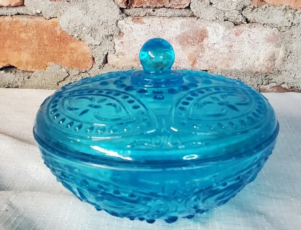 Vintage Teal Blue Glass Lidded Candy Dish Trinket Box Ornate Pressed Hobnail
